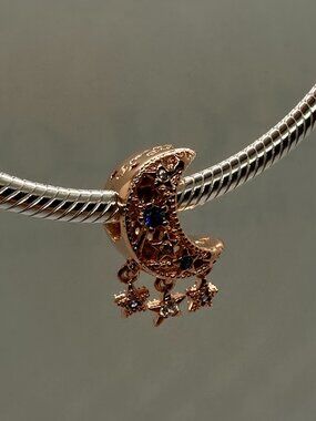 NEW Authentic PANDORA Rose Gold Blue Star & Crescent Moon Charm 799643C01